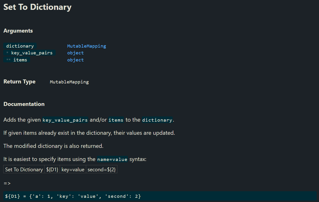 Set To Dictionary Keyword Documentation
